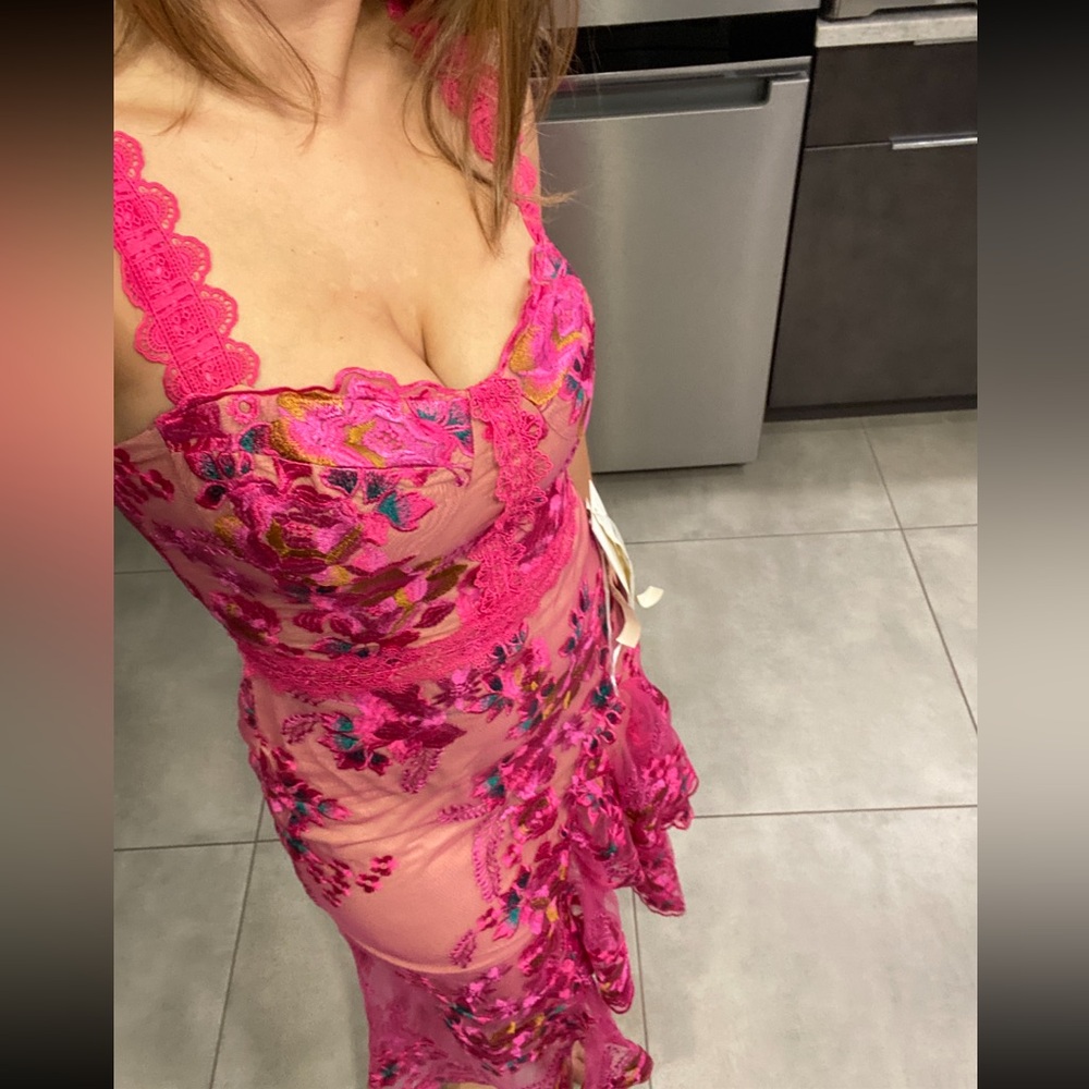 Bronx and Banco Hot Pink Floral Lace Overlay Dress - Picture 12 of 13